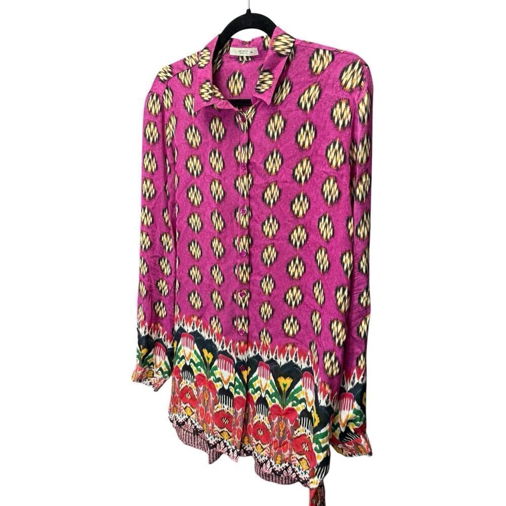 Etro 100% Silk Button-Up Blouse Pink Ikat Print Size US 10 (IT 46) - Picture 6 of 15